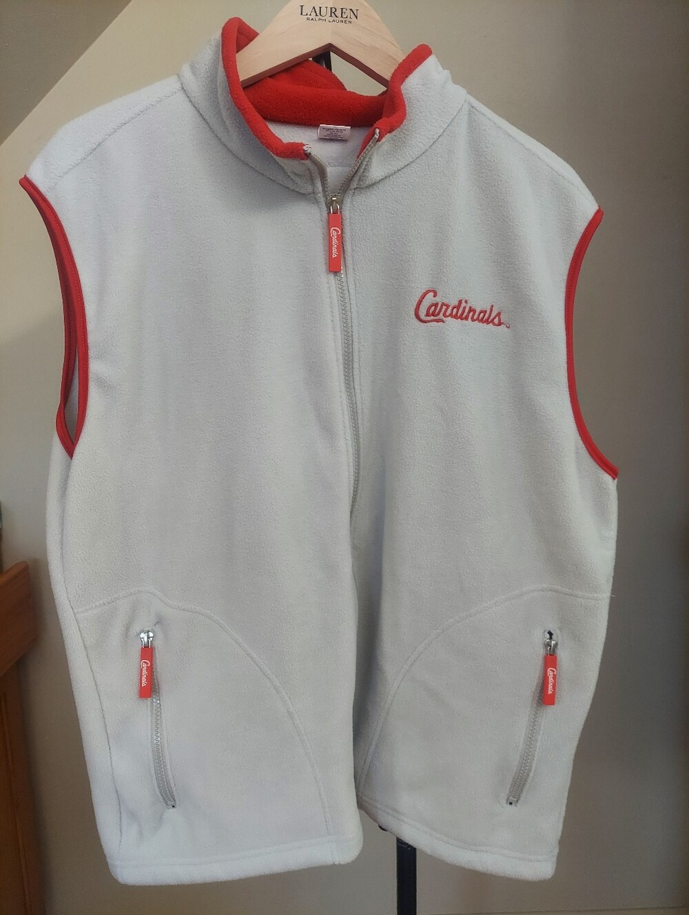 ST. LOUIS CARDINALS Vest Size XL Fleece Full Zip Light Gray Jacket MLB